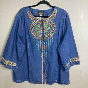 Bob Mackie jacket size 2X denim embroidered aztec‎ southwestern dreamcatcher